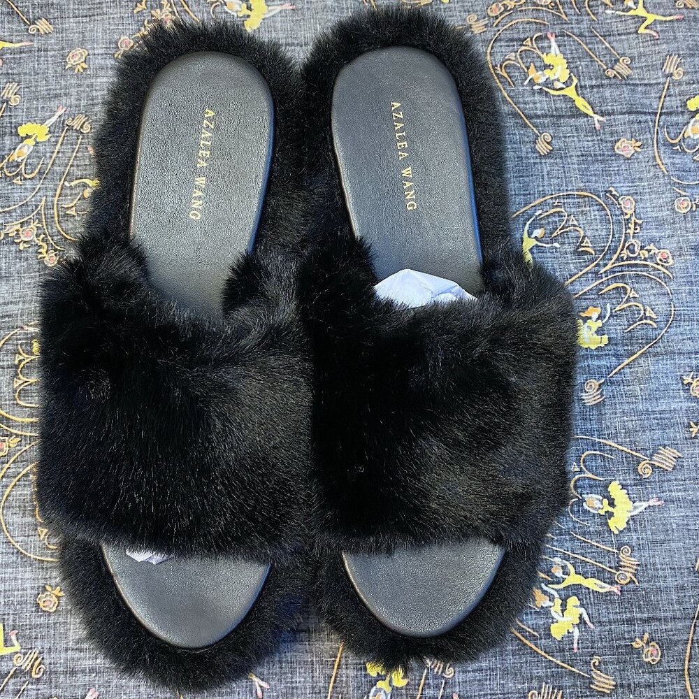 AKIRA AZALEA WANG MINNA BLACK FAUX FUR PLATFORM SANDALS SIZE 10